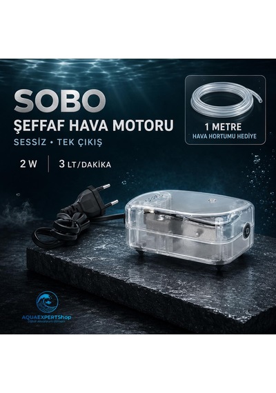 Sobo Sessiz Hava Motoru - Tek Çıkışlı - Şeffaf Tasarım - 1 Metre Hava Hortumu Hediye - 2w - 3lt/saat