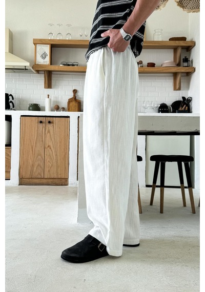 Flaw Bel Lastikli Keten Baggy Pantolon Beyaz Beyaz