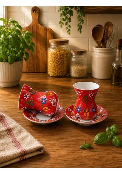 El İşlemeli Çiçek Desenli 2li Çay Bardağı Takımı Kırmızı