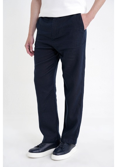 Oversize Kalıp Yan Cep Beli Lastikli Lacivert Keten Pantolon P 1216