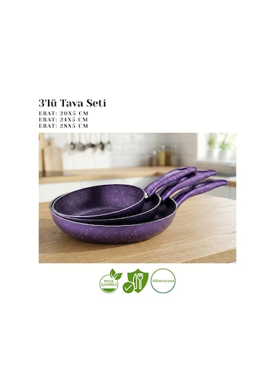 3lü Granit Tek Saplı Tava Seti - Violet Violet