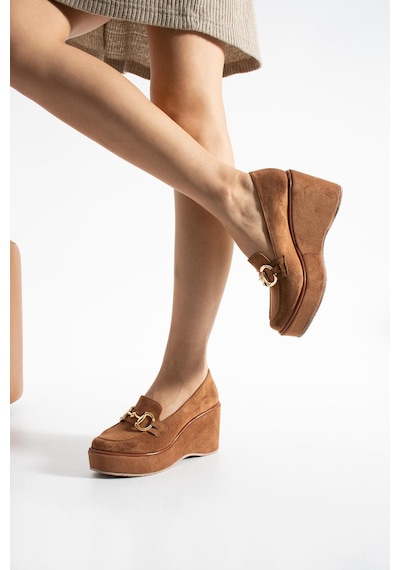 Zenne Shoes Dolgu Topuklu Tokalı Kadın Ayakkabı Taba