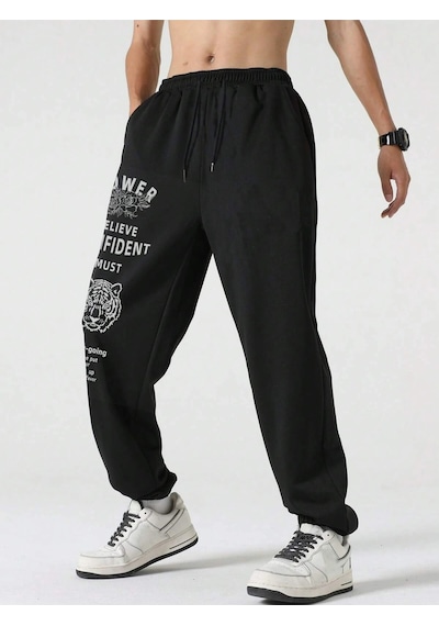 Hypemode Letter Tiger & Floral Graphic Drawstring Waist Eşofman Altı Siyah