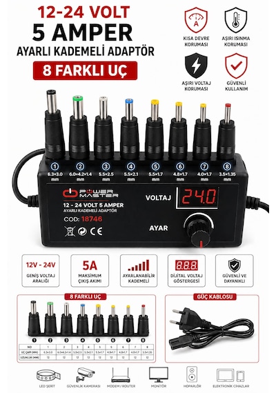 Kademeli Çok Uçlu Ayarlanabilir 12 Volt - 24 Volt - 5 Amper Dc Adaptör