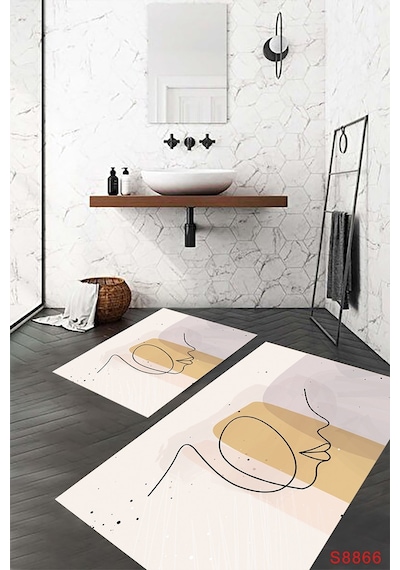 İskandinav Desen Banyo Paspası, Krem Renk Paspas, Kaymaz Taban Banyo Paspası, Klozet Takımı, Yıkanabilir Klozet Takımı, Dekoratif Banyo Paspası, Krem