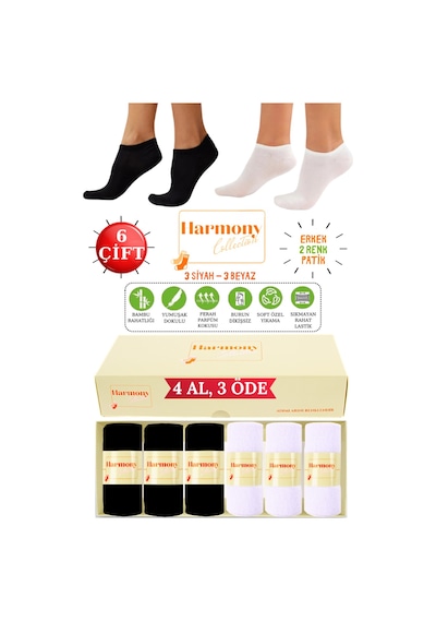 Harmony Collectıon Bambu Erkek Siyah Patik 6 Çift Özel Kutulu Burun Dikişsiz, Premıum Socks Siyah Beyaz