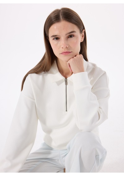 Mustang Ekru Kadın Fermuarlı Loose Fit Nakışlı Sweatshirt M5sl-swt1645