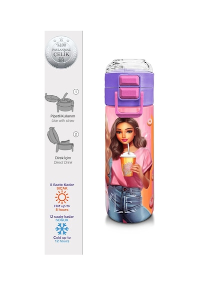 Coral High Kids Pembe Mercan Fashion Girl Desenli Pipetli Ve Direkt İçim Çelik Termos 500 Ml 31869 Metal