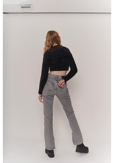 Holly Lolly Likrasız Yüksek Bel Straight Kesim Toll Jean Pantolon Gri