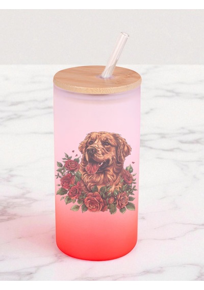 Güllü Köpek Baskılı 600 Ml Cam Matara- Su Matarası, Suluk Matara, Cam Pipetli Matara Kırmızı