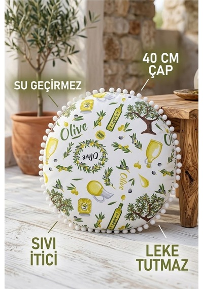 Yuvarlak Minder 40 Cm Çap Zeytin Desenli Dekoratif Minder Beyaz Ponponlu Su Geçirmez Sıvı İtici Çok Renkli