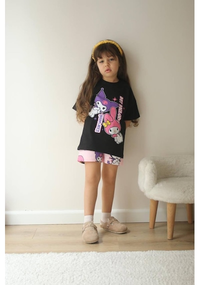 Miniko Kids Kız Çocuk Kuromi Modelli Baskılı Şortlu Pamuk Takım Siyah