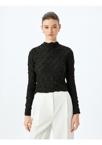 Koton Büzgülü Dokulu Slim Fit Uzun Kollu Dik Yaka Tişört Siyah 5wak50337ek Siyah