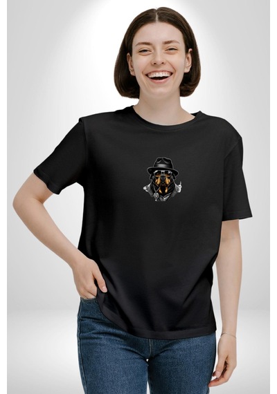 Mafya Rottweiler Siyah Oversize Unisex Ön Orta Minimal Baskılı Tişört Siyah