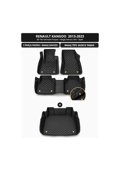 Renault Kangoo 2013-2023 Uyumlu 8d Tek Katmanlı Paspas + Bagaj Havuzu Seti Siyah