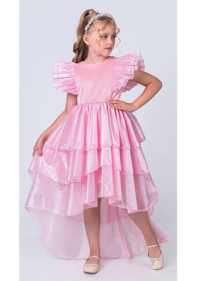 Mnk Baby & Kids Kız Çocuk Kuyruklu , Taçlı Vragia Abiye Elbise M00745 Pembe