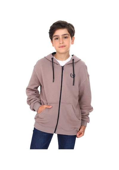 Toontoy Kids Toontoy Erkek Çocuk Kapüşonlu Fermuarlı Cepli Düşük Omuz Baskılı Örme Hırka - 3 İplik Şardonsuz Kahve