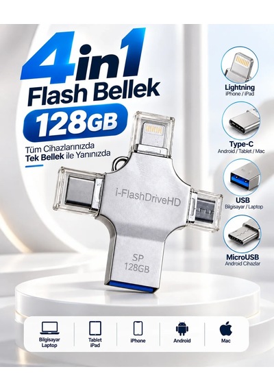 Çoklu Cihaz Uyumlu 128gb 4in1 Usb Flash Bellek Lightning Type-c Usb-a Microusb