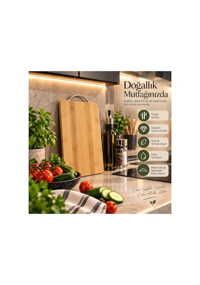 Metal Tutacaklı Bambu Kesim Tahtası Doğal Ve Şık Mutfak Doğrama & Sunum Tahtası Sarı