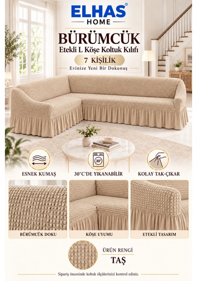 Bürümcük Kumaş 7 Kişilik Etekli L Köşe Koltuk Kılıfı Taş - 934823050 Taş