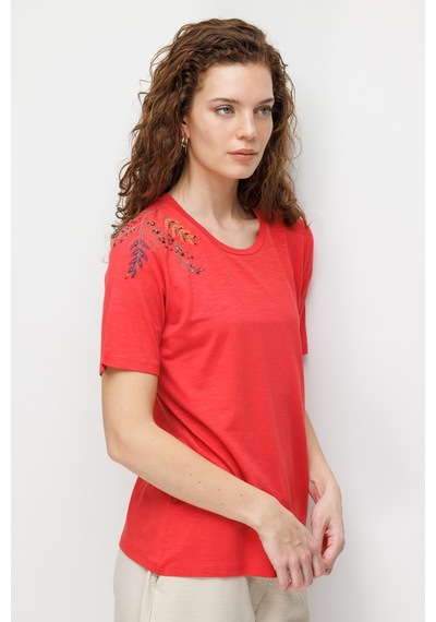 Kadın Sıfır Yaka Tek Omuzu Nakışlı Penye T-shirt Mercan Mercan