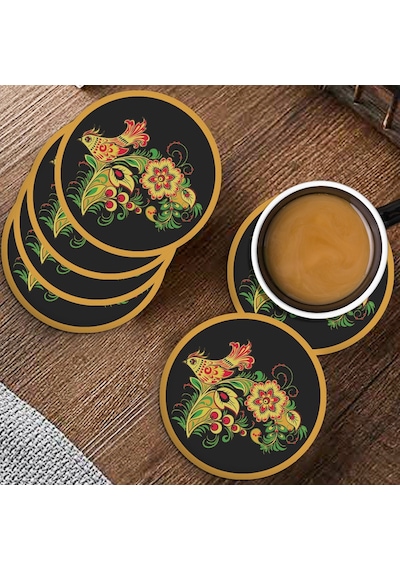 Valerine Life Sarı Siyah Kuş Desenli Yıkanabilir Kaydırmaz Ofis Çay Ve Fincan Bardak Altlığı 10x10cm 6 Adet Siyah