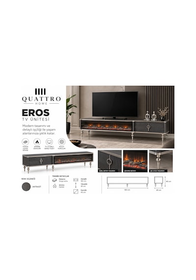 Eros Elektrikli Şömineli Tv Ünitesi Antrasit Gümüş Detaylı Modern Tasarım 160 Cm