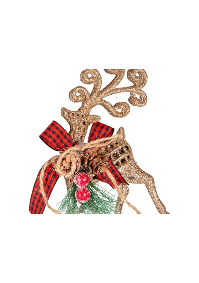 Yılbaşı Ağaç Süsü Ekose Desenli Kurdelalı Simli Geyik Gold 8x15 Cm.