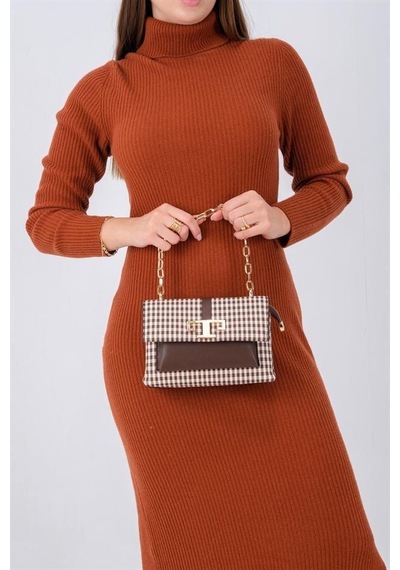 Silver Polo Sp1148 Kadın Çapraz Çanta Ekose Line Kare Kahve Sarı-kahve