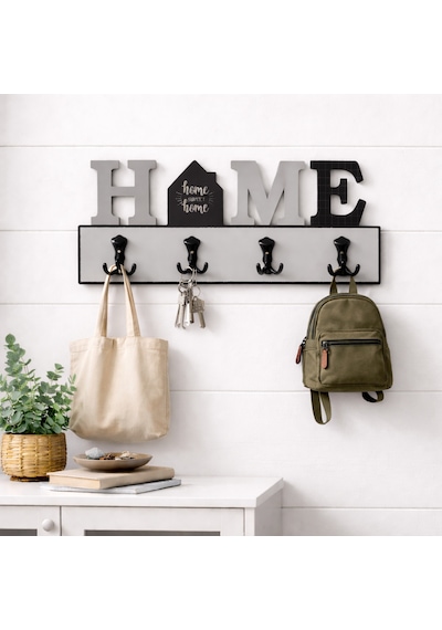 Dyris Home Sweet Home Duvar Askılığı 45x20 Cm Mdf 4 Kancalı Dekoratif Askılık, Antre Ve Hol İçin Gri - Siyah