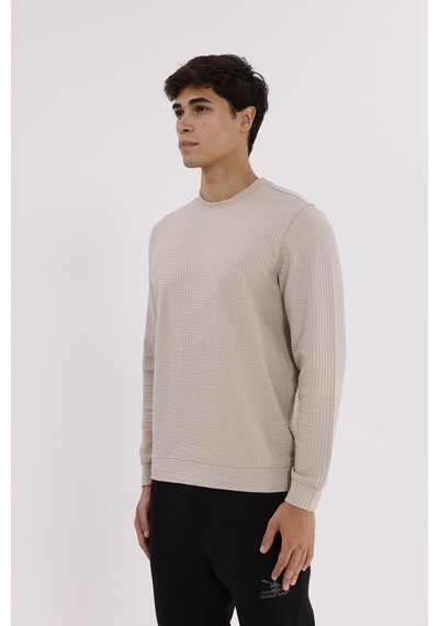 Rowinger Petek Yüzeyli Bisiklet Yaka Rahat Kalıp Lastik Manşetli Mevsimlik Sweatshirt Beıge