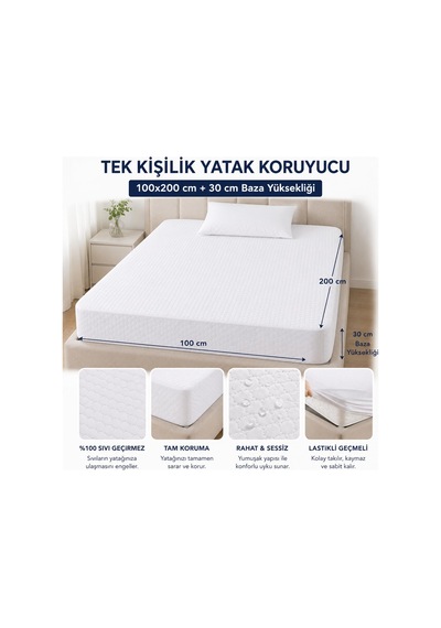 Sıvı Geçirmez Fitted Yatak Koruyucu Alez Tek Kişilik 100x200 Cm Beyaz