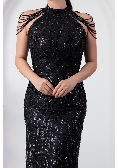 Kalopya Halter Yaka Boncuklu Tül Elbise Dns2227 Siyah