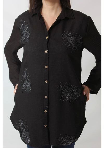 Moda Berray Sb-092 Siyah Gümüş Yaldızlı Güneş Desenli Kolu Apoletli Yandan Cepli Tunik Gömlek Kadın Büyük Beden Siyah Moda Berray Sb-092 Siyah Gümüş Yaldızlı Güneş Desenli Kolu Apoletli Yandan Cepli Tunik Gömlek Kadın Büyük Beden Siyah