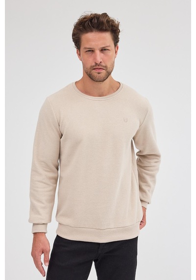 Comeor Erkek Bej Standart Fit Normal Kesim Pamuklu Basic Bisiklet Yaka Sweatshirt Bej