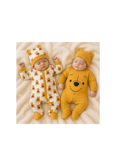 By Murat Baby Winnie The Pooh Baskılı 2'li Bebek Tulum Seti Şapkalı sarı