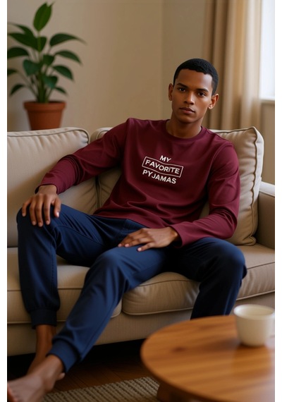 Erkek Antrasit Baskılı Sweatshirt Ve Pantolon Ev Giyim Takımı Fon Bordo