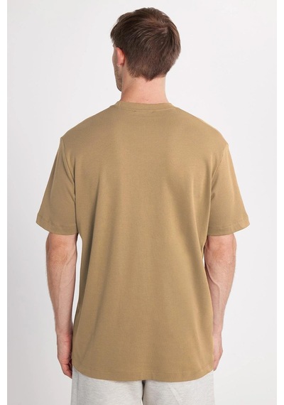 Tudors Unisex Relax Fit Rahat Kesim %100 Pamuk Yumuşak Dokulu Hafif Kalın Bej Bisiklet Yaka Tişört-35591 Bej