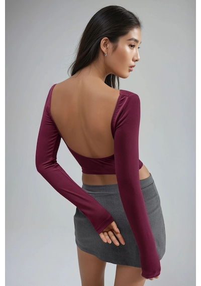 Hiccup Busem Sırt Dekolteli Slim Fit Kısa Bluz Bordo Kırmızı