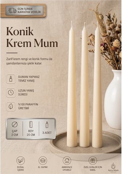 Exepazar Beyaz Kokusuz Dumansız Uzun Süre Yanış 100% Parafin Dekoratif Mum 3'lü Set Bej