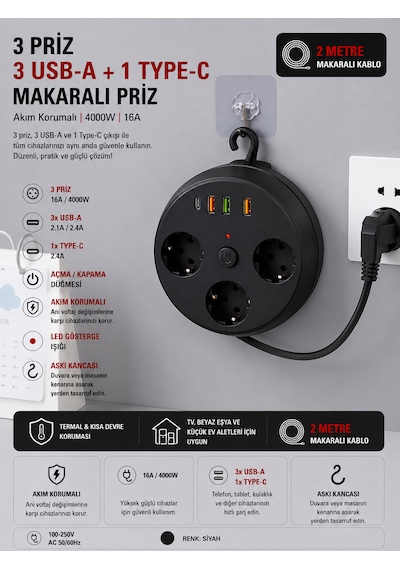 Akım Korumalı Makaralı Priz 3 Priz 3 Usb-a 1 Type-c 2 Metre Kablo 4000w 16a Açma Kapama Düğmeli Siyah 1 - 3 M
