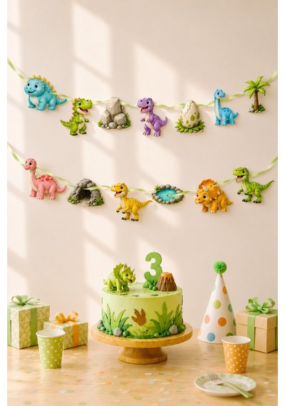 Dinazor Temalı Doğum Günü Parti Seti, İyi Ki Doğdun Flama, Cupcake Ve Pasta Süsü Happy Birthday Dijital Baskı