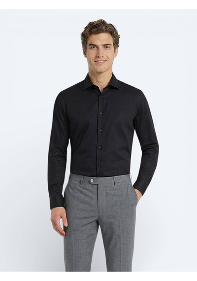 Kip Siyah Düz Slim Fit Uzun Dokuma Klasik %100 Pamuk Gömlek