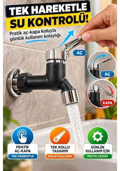 Siyah Plastik Bahçe Wc Musluğu Filtreli Perlatörlü Tek Kollu Aç Kapa Duvar Tipi Lavabo Su Musluğu Ev