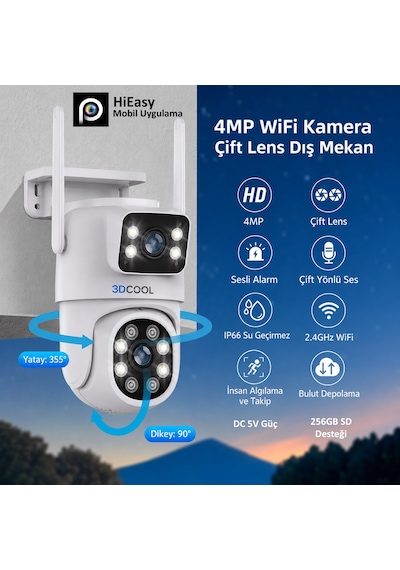 3dcool 3d-1200wf Hieasy 4mp 2 Kameralı Pt Hareketli Wi-fi Kablosuz Kamera