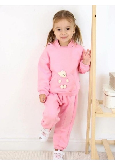 Kız Çocuk Ayıcıklı 3 İplik Şardonlu Eşofman Takım-15058 Pembe