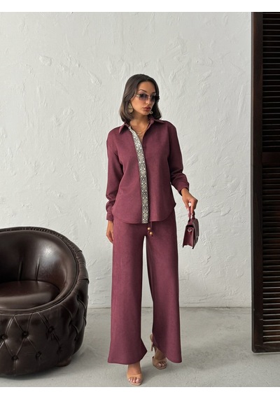 Verymoda Şerit Detaylı Scuba Süet Pantolon F1972 Bordo