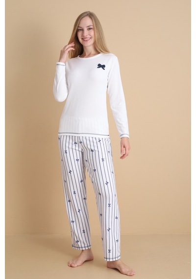 Wordex Mırano 3101 Waffle Soft Kumaş Fiyonk Desenli Kışlık Ev Kadın Pijama Takımı Ekru