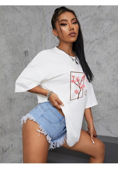 Unisex Kiraz Ağacı Baskılı Tasarım Tshirt Beyaz