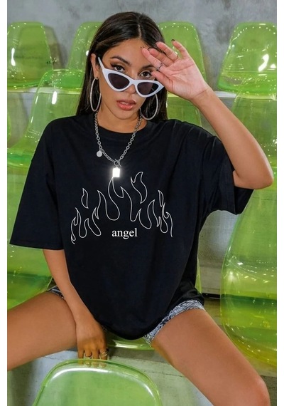 Unisex White Angel Baskılı T-shirt Siyah
